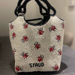 STAUD Beaded Tote with Red and Black Ladybug Design
